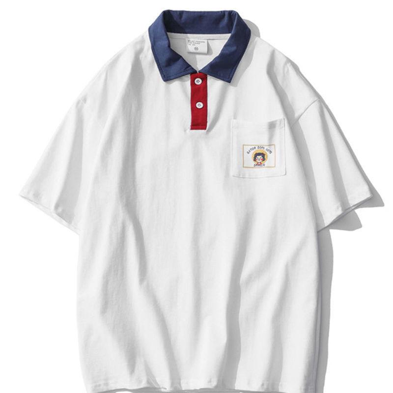 Student Hit Color Lapel T-shirt Couple Wear Loose Trend   Shirt Short-sleeved Men's Summer