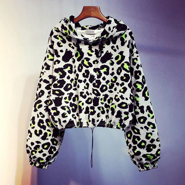 Leopard Print Long-sleeve Hooded Sweatshirt Women Korean Style Short Coat Loose Top