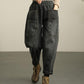 WTEMPO Retro Distressed Harem Pants Elastic Waist Women's Jeans Loose Wide Leg Straight  Denim Big Pocket Trousers