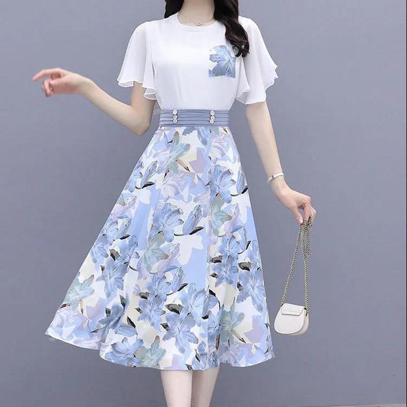 Women's Summer Clothing Set Elegant Butterfly Sleeve Chiffon Top High Waist Printed A-Line Hip Dress Two Piece Set Summer Plus Size Beach Dress Suit