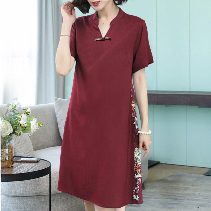 Summer Women's Dress Loose Large Size Retro Printed Skirt Simple Thin Short-sleeved V-neck Over-the-knee Skirt