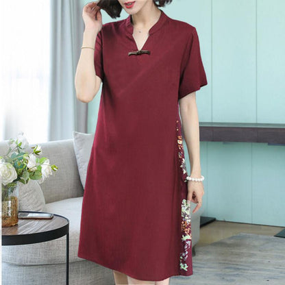 Summer Women's Dress Loose Large Size Retro Printed Skirt Simple Thin Short-sleeved V-neck Over-the-knee Skirt