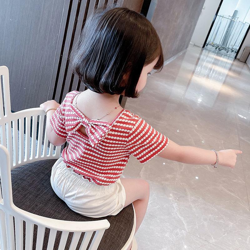 Summer Kids Cute Girls' Short Sleeve Korean Style T-shirt Striped Open Back Top Slim Bow Tie T-shirt