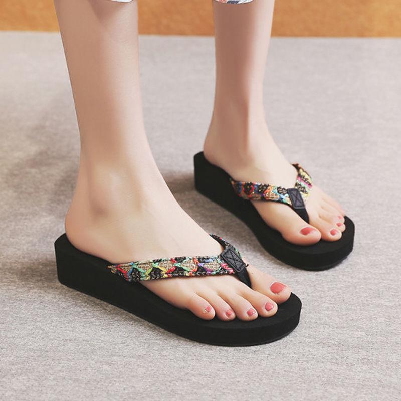 Slippers Female Summer Wear Thick Bottom Flip Flops Ladies Anti-skid Clip Feet Increase Seaside Beach Sandals and Slippers