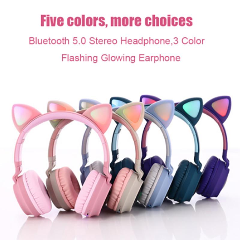 LED Light Cat Ear Headphone Bluetooth 5.0 The Young Kids Headset Support TF Card 3.5mm Plug with Mic