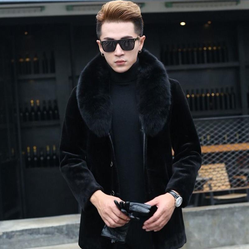 Thicken Plus Fleece Warm Jacket for Autumn and Winter Fashion Trend Handsome Black Button Big Fur Collar Men Jacket