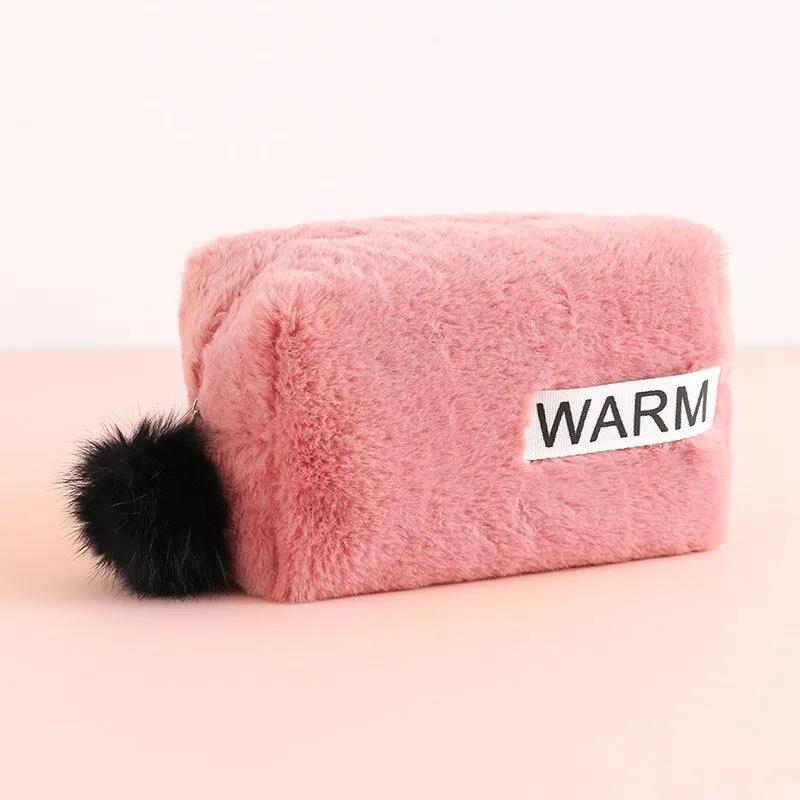 Winter Fur Cosmetic Bag Large Capacity Travel Multi-function Girl Plush Cosmetic Bag Fur Ball Decoration