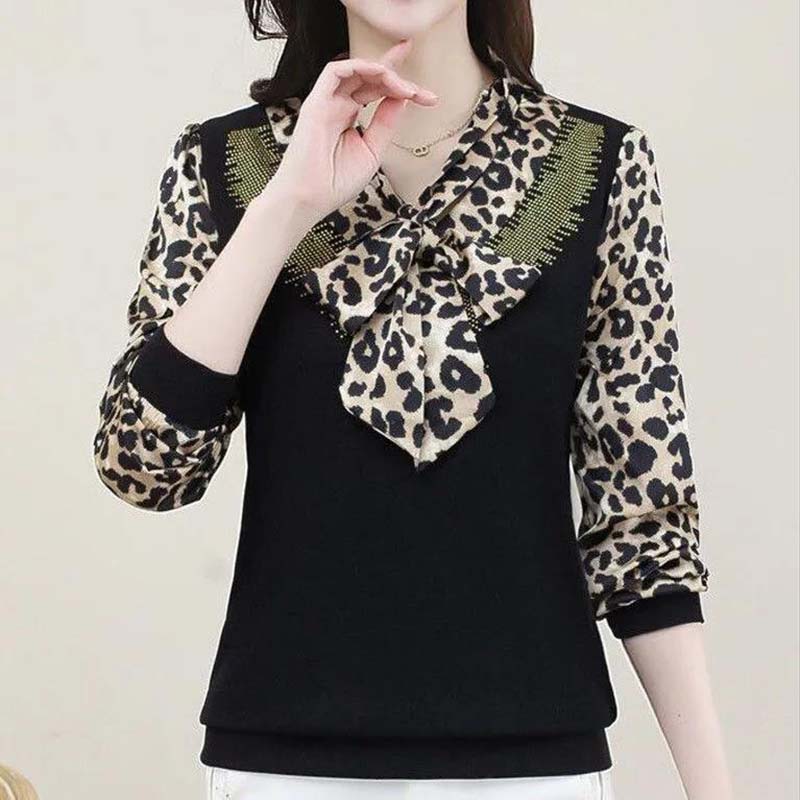 Printed Top Women's Long-sleeved Spring and Autumn T-shirt V-neck Chiffon Shirt Loose Shirt