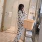 Women's Long Sleeve Heart Pajamas Large Size Loose Spring Autumn Thin Home wear Round Neck Pullover Pants Top Two Piece Sets Solid Color