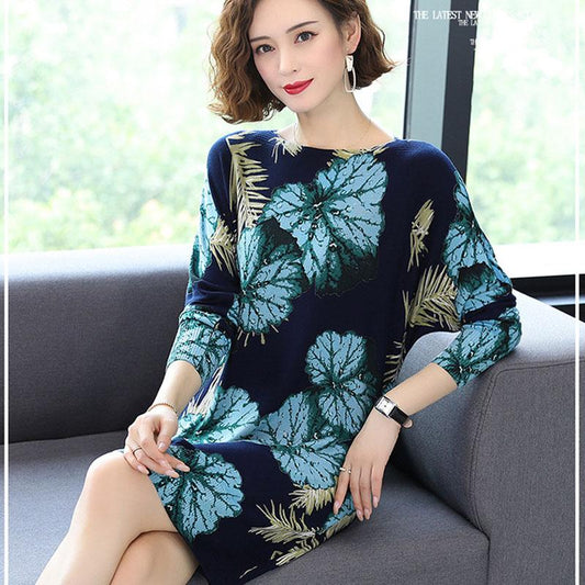 Floral Print  Knit Dress Women Long Sweaters Casual Long Sleeve Loose Pullover Soft Jumper Autumn Winter Knitted Sweaters Dress