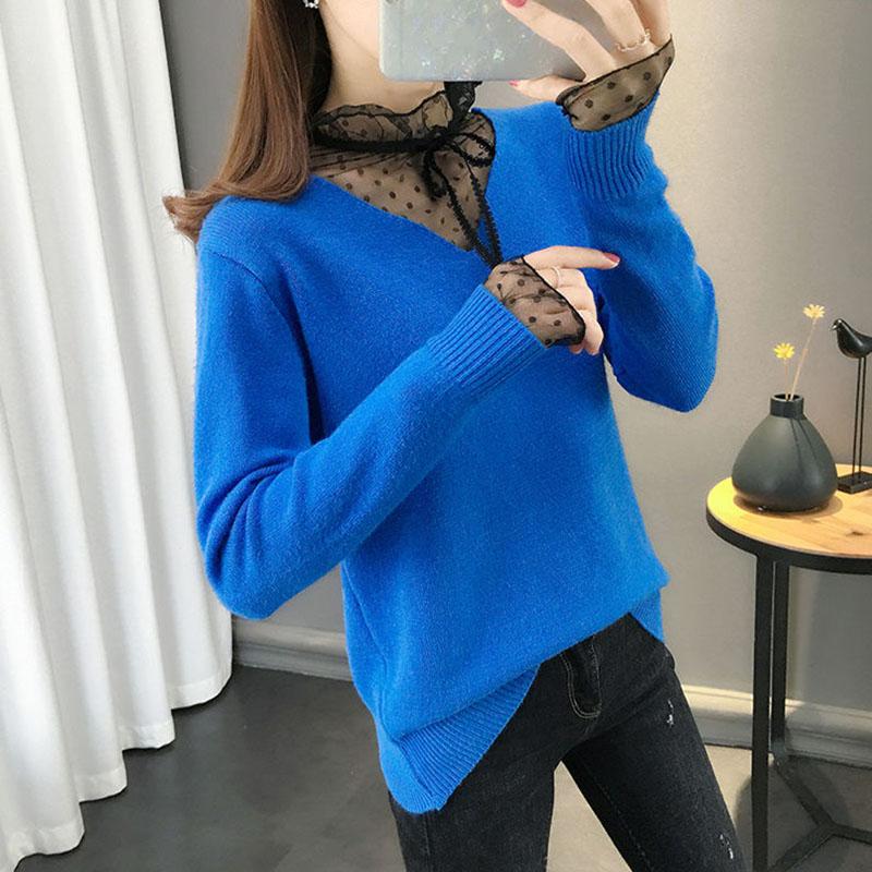 Autumn and Winter Lace Sexy Bottoming Shirt Knitted Solid Color Top Fashion Casual Women Sweater