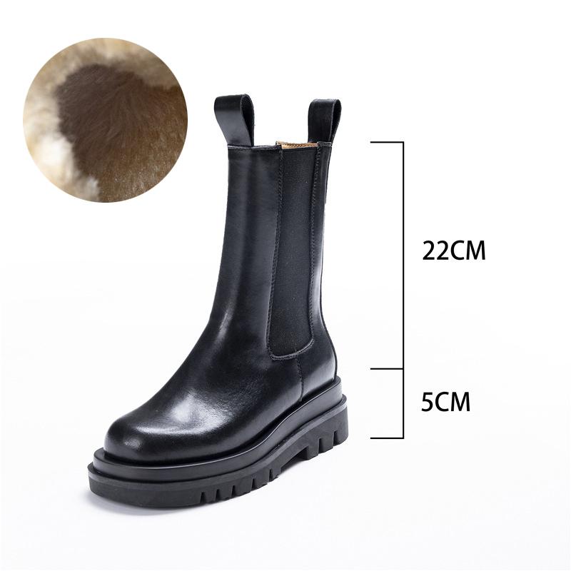 Chelsea Boots with Fur Winter Shoes Women Black Ankle Boots Fashion Leather Booties Platform Chunky Boots Velvet Warm Shoes