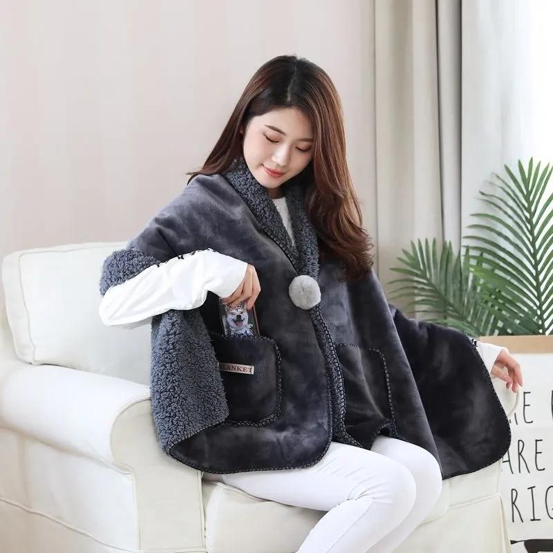 Autumn  Winter Multi functional Shawl Blanket Office Nap Blanket Thick Flannel Lamb Wool Blanket Knee Blanket Fur Ball Pocket Mantle Shawl