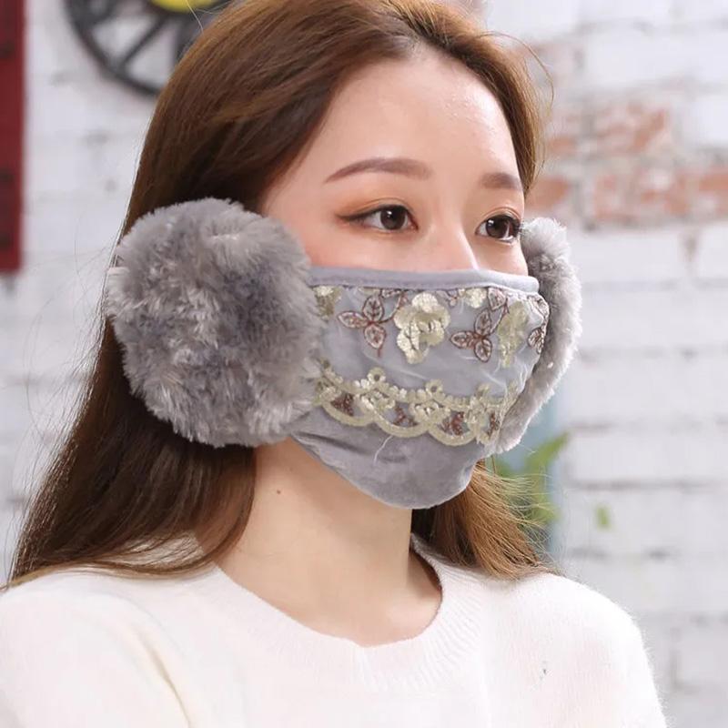 Women's Two-in-one Ear Protection Warm Lace Mask Autumn Winter Thickening Dust-proof Anti-fog Cold-proof Breathable Mask Face Mouth Mask