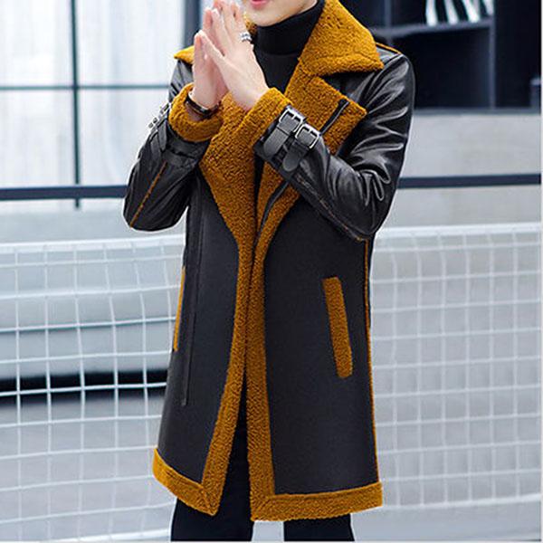 Men's Mid-length Leather Jacket Slim-fit Korean Style Handsome Winter Plush Thick Fur Coat