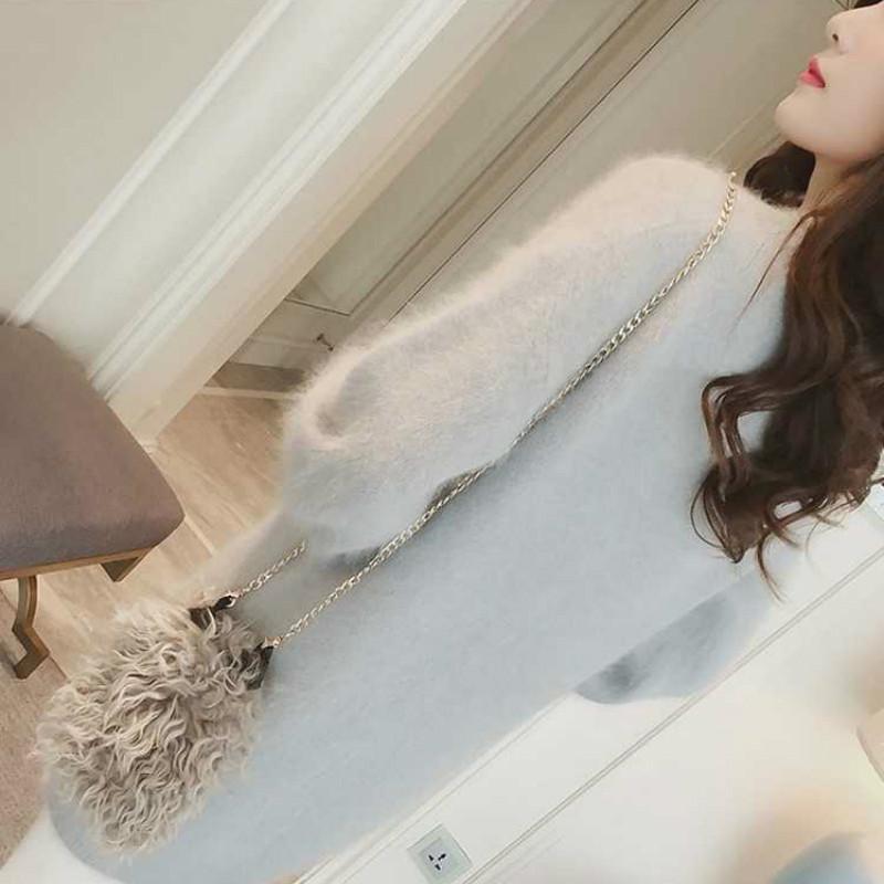 Pofulove long loose knitted base shirt autumn and winter new women's v-neck imitation mink sweater