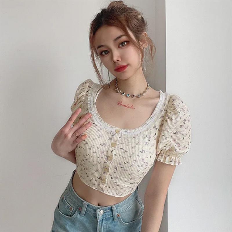 French Pastoral Style Floral T-shirt Women's Square Collar Puff Sleeves Short Slim Bottoming Short-sleeved Top Summer