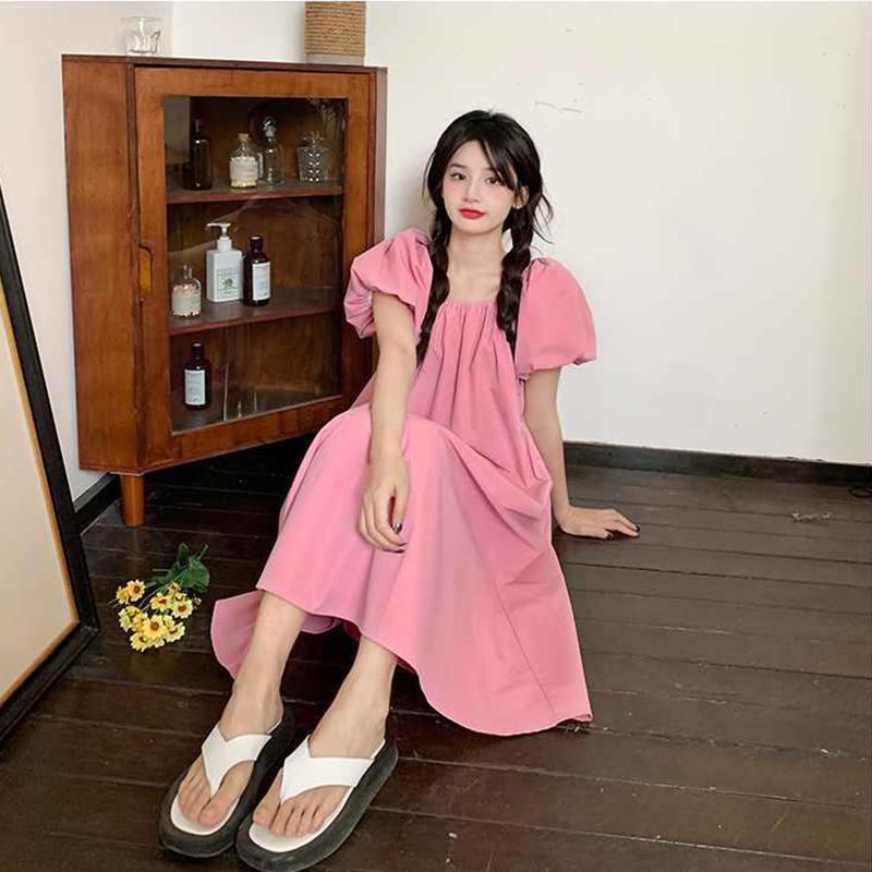 Square Neck Puff Sleeve Dress Women Summer French Retro Dress Design Women's Sweet Loose A-line Casual Mid-length Dress Skirt Length 105CM