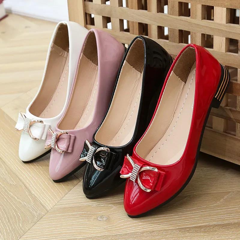 Women's Spring Summer Large Size Low Heel Single Leather Shoes Solid Color Sequins Bow Casual Slip-on Shoes