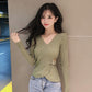 Pofulove sexy irregular long sleeve knitted bottoming shirt, V-neck tight sweater women