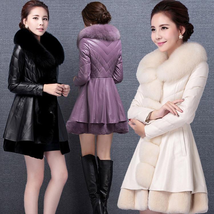 Women's Faux Fur Coat Winter Ladies Parka Large Size Thicker Warm Mid-length PU Leather Coat with faux Fox Fur Collar