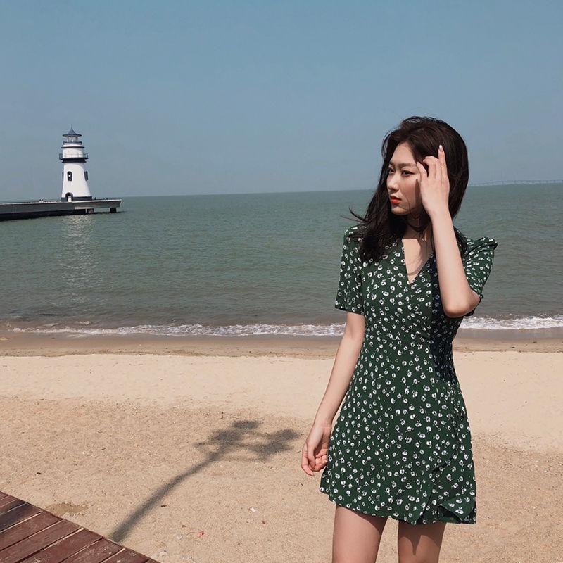Women Dress Summer V-Neck Floral Print Beach Dress Ruffle Short Sleeve A -Line Mini Dress Wrap Sundress Robe Dress