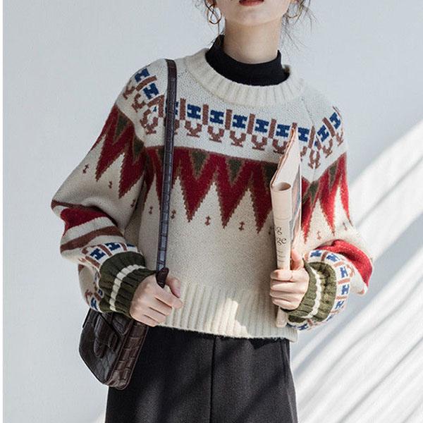 Vintage  Printed Sweater Women Bottoming Sweater Loose Casual Knit Pullover Sweater Autumn Winter