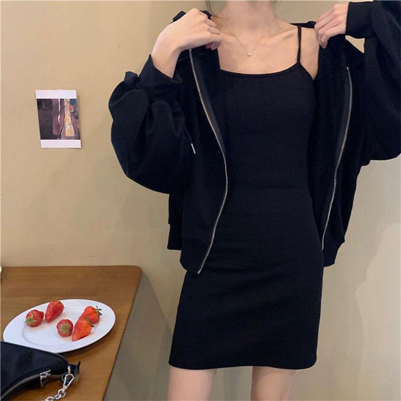 2PCS Women's Casual Solid Color Suit Spring and Summer Sling Dress + Cardigan Jacket Two-piece Ladies Sexy Hooded Sweater Skirt Set