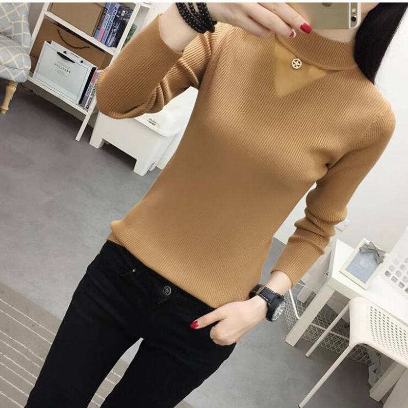 Pofulove Women Turtleneck Pullover Tops Slim Knit jumper Hollow Gauze Sweater Winter blue