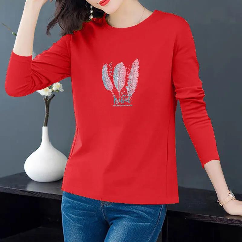 Cotton Spring and Autumn Korean Style Long-sleeved T-shirt Women Loose Plus Size Women's Round Neck Top