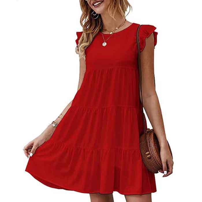 European and American Summer Solid Color Round Neck Short-sleeved Dress Casual Cake Skirt Pleated Swing Skirt
