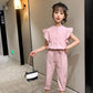Girls' Solid Color Splicing Button Suit Summer Cool Breathable Suit Children's Casual Sleeveless Two-piece Set