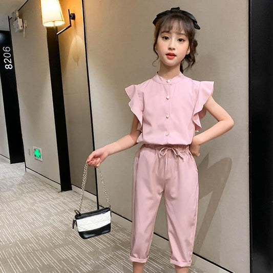 Girls' Solid Color Splicing Button Suit Summer Cool Breathable Suit Children's Casual Sleeveless Two-piece Set