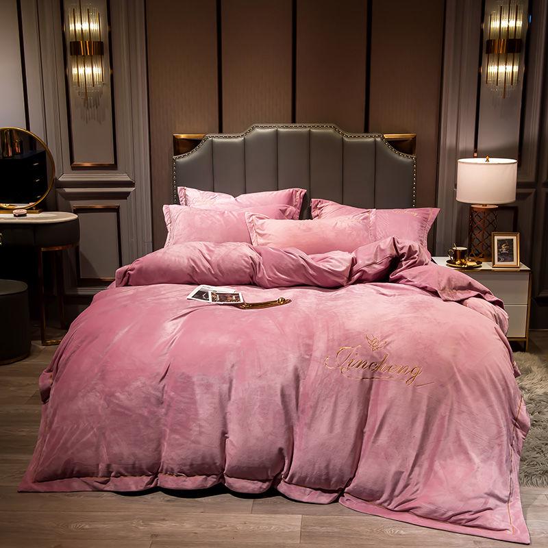 4pcs  Fleece Bedding Set Pure Color  Bed Sheet Quilt Cover Pillowcase Winter Warm Bedding