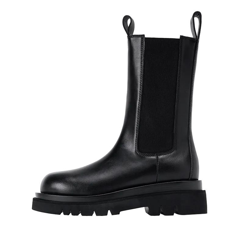 Chelsea Boots 35-43 Plus Size Thick Martin Boots Woman British Style Thick Bottom Boots Hood Boots Single Boots Black Leather Boots