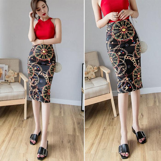 European Women Autumn Print Pencil Skirt High Stretch  Midi Slipt Hip Skirt Female