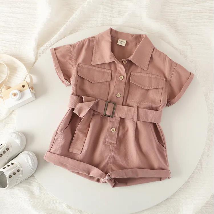 Girls' Denim One-piece Suit Summer Children's Work Clothes One-piece Pants Single breasted Belt Button Korean Style Casual Set