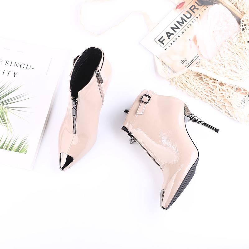 Women's Pointed High-heeled Martin Boots Zipper  Leather Bright