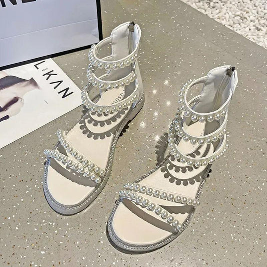 Summer Exquisite Vintage Pearl Sandals Korean Casual All Match Roman Sandals Flat Non-slip Beach Shoes