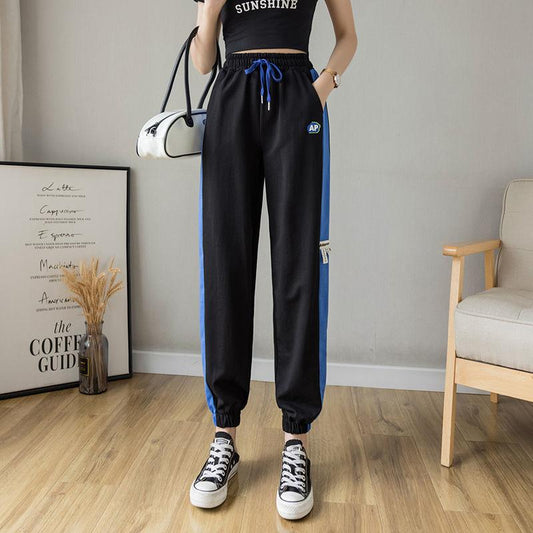 Fashion Stitching Striped Sports Pants Women's Summer Elastic Waist Corset Harem Pants Casual Nine-point Guard Pants