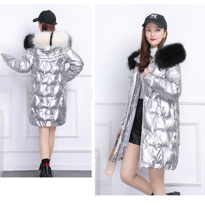 Women's Glossy Loose Down Jacket Mid-length Korean Thick Coat Warm Cotton Coat with Big Fur Collar Winter Quilted Jacket