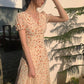 Chiffon Floral Short Sleeve Temperament V-neck Dress Medium Length Women's Summer French Retro Waist Slim Platycodon Skirt