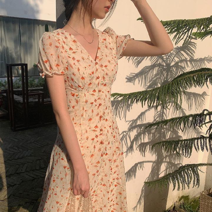 Chiffon Floral Short Sleeve Temperament V-neck Dress Medium Length Women's Summer French Retro Waist Slim Platycodon Skirt