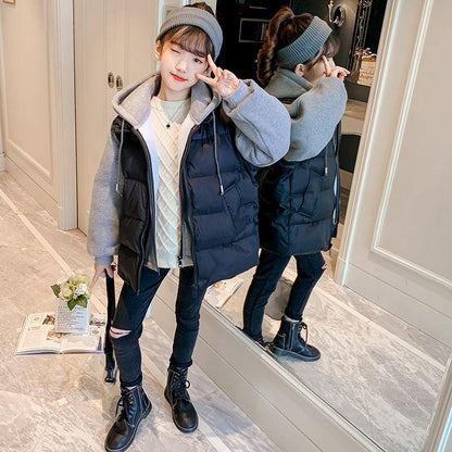 Girls' Warm Cotton Coat Thick Stitching Winter Padded Jacket Windproof Hooded Cotton Jacket