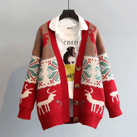 Christmas Sweater Cardigan Jacket Women Loose Thick New Year Red Deer Jacquard Retro Knitted V-neck Long-sleeved Warm Sweater Jacket