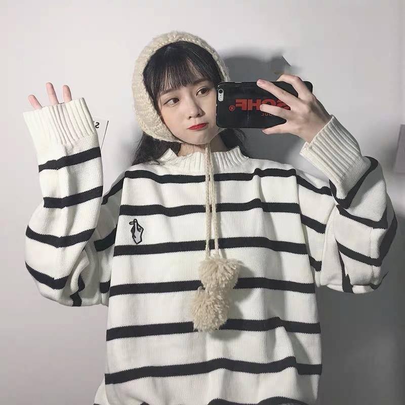 Pofulove Autumn Winter Striped Sweater Women's Korean Loose Round Neck Pullover Embroidery Sweater