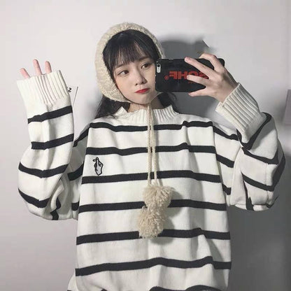 Pofulove Autumn Winter Striped Sweater Women's Korean Loose Round Neck Pullover Embroidery Sweater