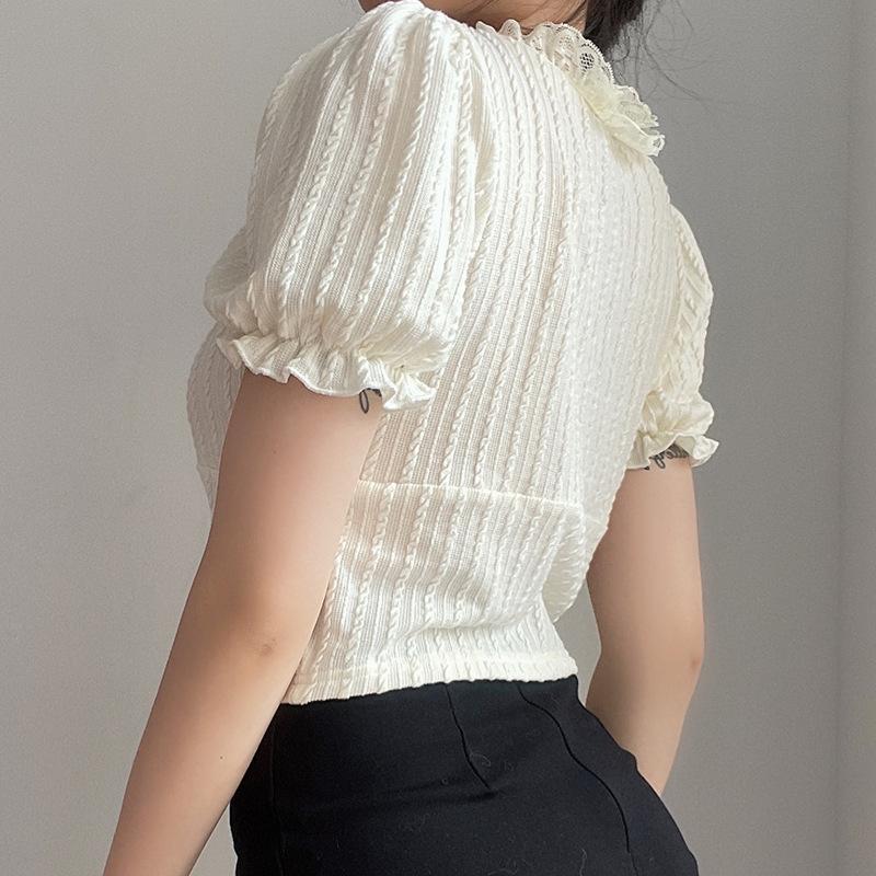 Women's T-shirt Ruffles Lace Up Sweet Cropped Tops Summer Knitted Casual Puff Sleeve Chic Y2K T-shirts Elegant Fashion Korean Tee