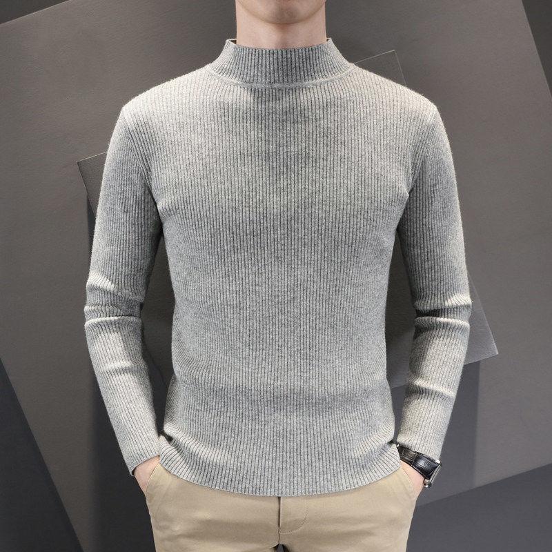 Men's Half Turtleneck Sweater Men's Thick Autumn and Winter Slim Sweater Korean Casual Pullover Mid-neck Knitted Bottoming Shirt