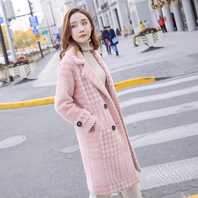 Women's Jackets & Coats Medium-long Plaid Wool & Blends Coat Turn-down Collar Pockets Parka